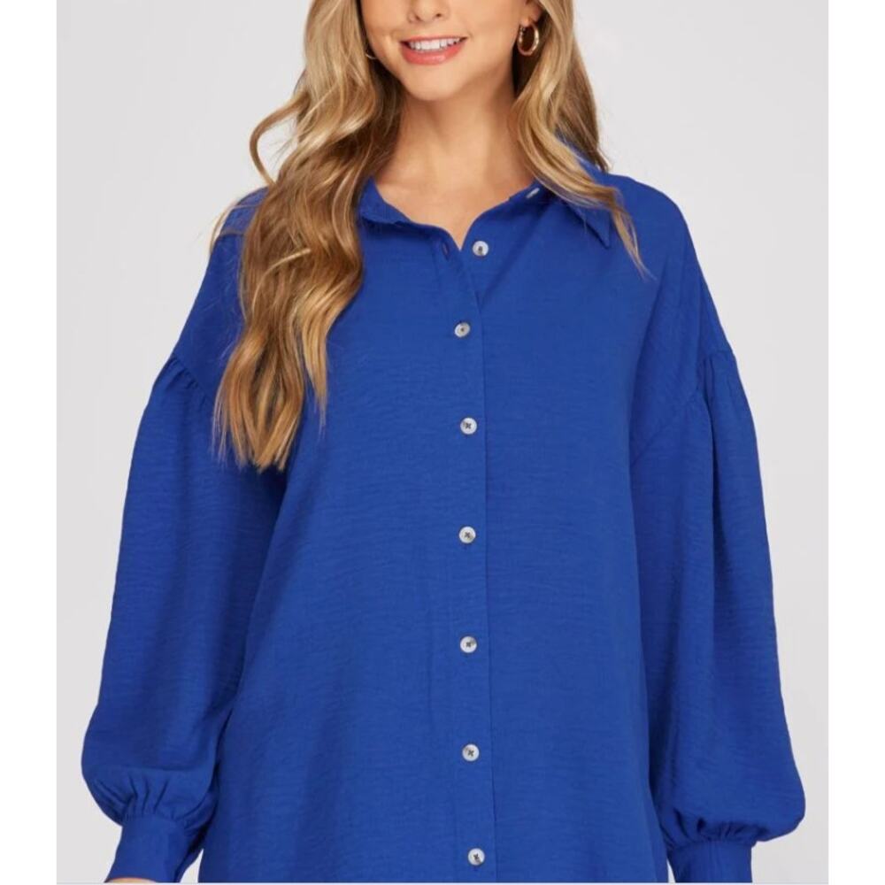 Royal Blue Button Down Blouse Balloon Sleeve Flowy Top Size Small